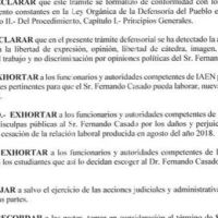 Defensoría del Pueblo exhorta la reintegración de Fernando Casado como docente del IAEN